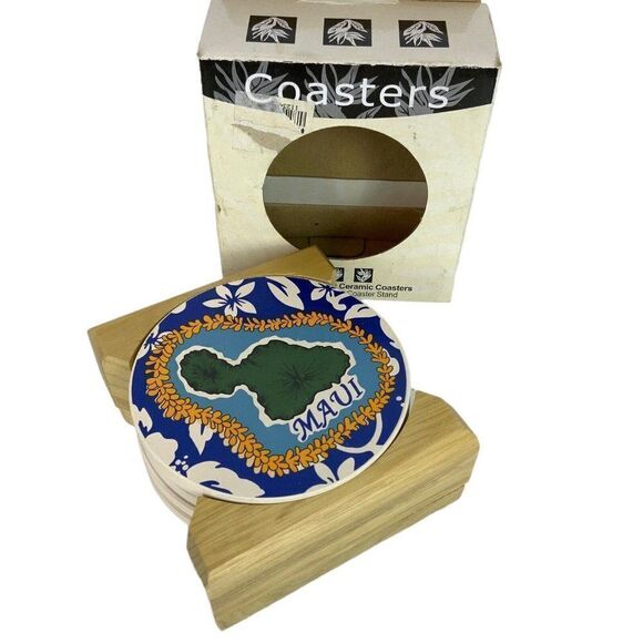 Maui Absorbent Ceramic Coasters Cork Backing Wood Holder Gift from Hawaii - Picture 3 of 9